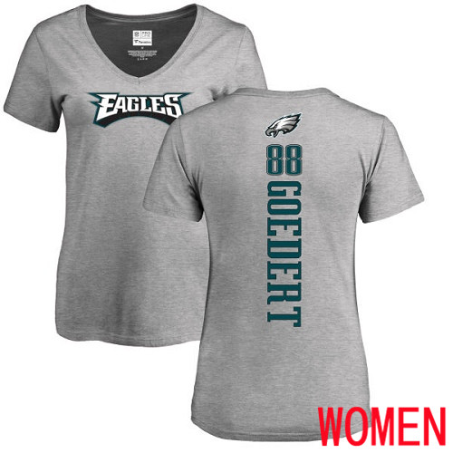 Women Philadelphia Eagles #88 Dallas Goedert Ash Backer V-Neck NFL T Shirt->nfl t-shirts->Sports Accessory